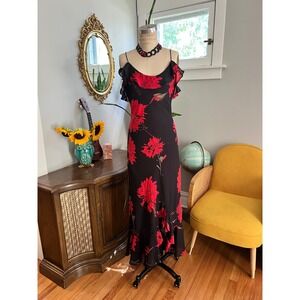 Vintage y2K Cache Maxi Dress Black Red Floral Ruffle Spaghetti Strap Party- M